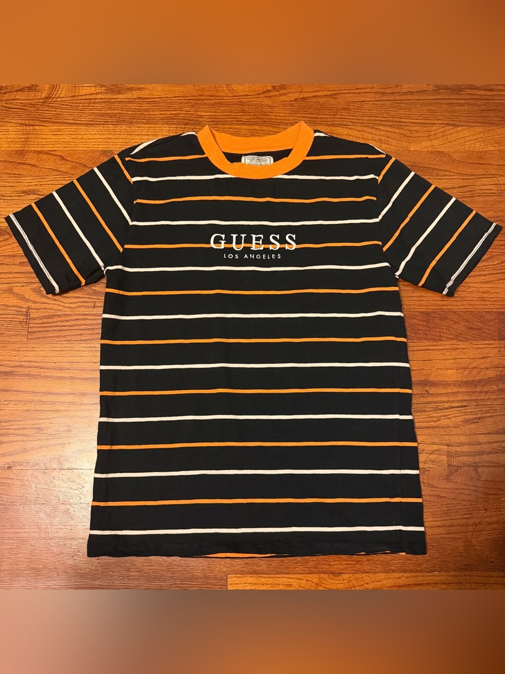 GUESS Orange & Black Striped T-Shirt Small